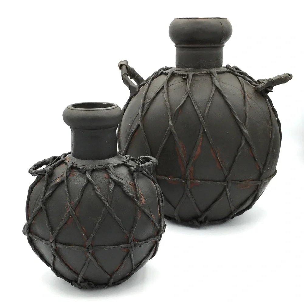 Italian Decorative Leather Wrapped Metal Canteen Water Jugs 12” & 8” Set of 2